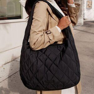 Poppy and Peonies Haul It black quilted tote